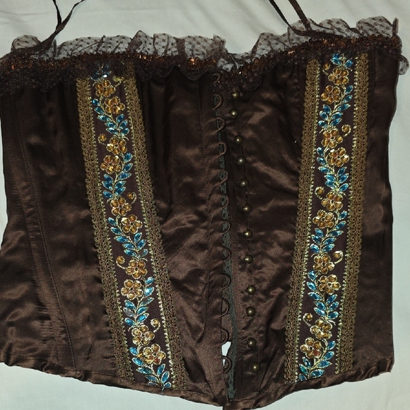 Ice Brown Corset with Blue and Gold Floral Design - Picture 2 of 8